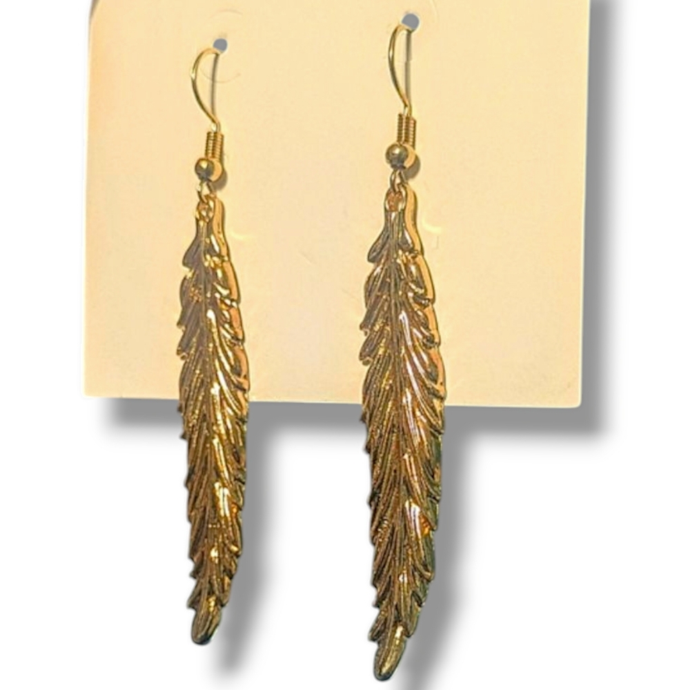 Goldtone Feathers Dangle Earrings 3 inch